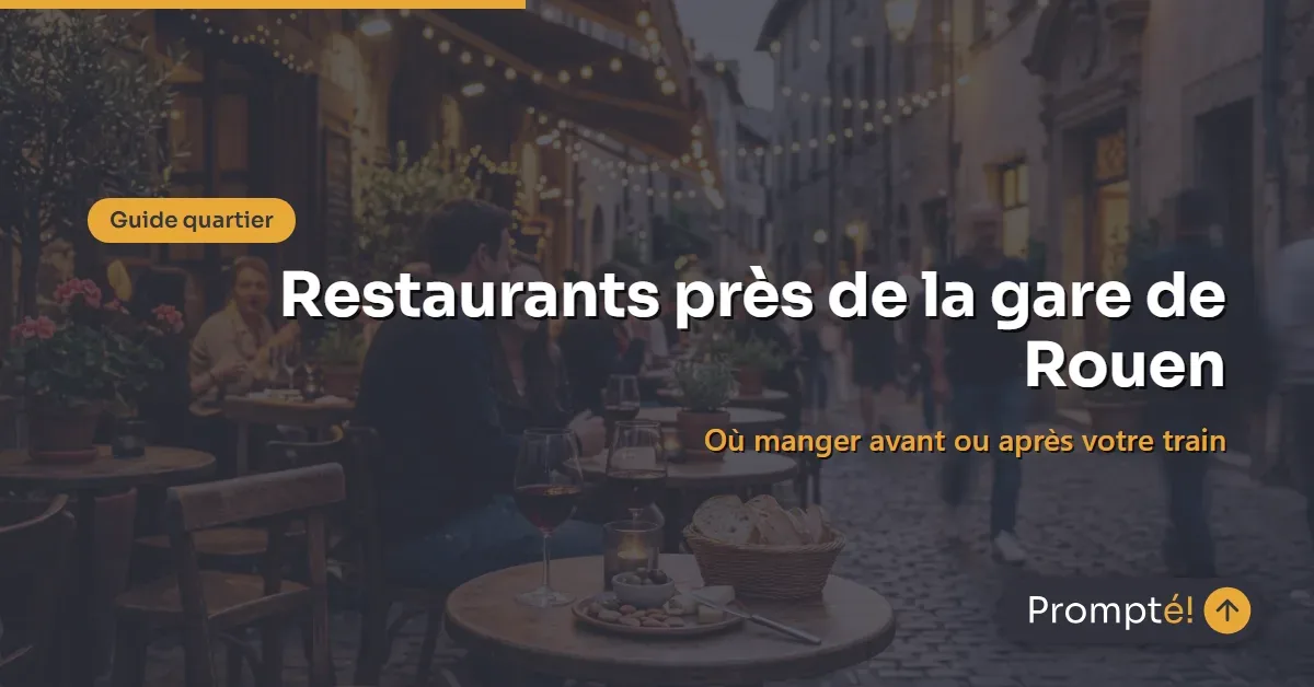 Rue animée du quartier de la gare de Rouen avec restaurants et terrasses, ambiance urbaine